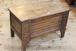 Carved oak and linen fold panel blanket box, 49cm by 82cm by 43cm.