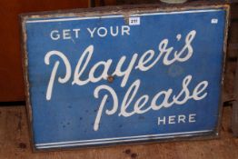 Vintage enamel Player's advert sign, 67cm by 49cm.