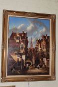 Continental oil on canvas of a Dutch Street Scene, signed lower right, 100cm by 75cm, in gilt frame.