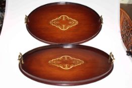 Pair of Victorian inlaid mahogany brass handled trays.