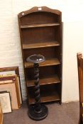 Slim oak open bookcase and twist column plant stand (2).