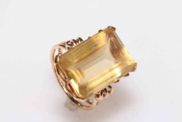 Large rectangular Citrine ring set in yellow gold (marks worn but tests as 18 carat).