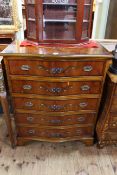 Yew five drawer serpentine front chest painted with ribbons, 94.5cm by 77cm by 46cm.