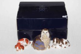 Three Royal Crown Derby paperweights including Puppy, Scruff and another Dog.