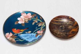 Japanese tortoiseshell dish with internal landscape decoration and bird and floral decorated dish