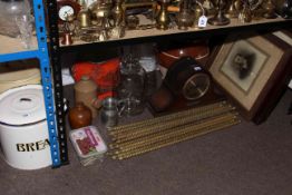 Brass stair rods, enamel bread and flour bins, stoneware, mantel clock, Victorian photographs, etc.