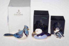 Three Royal Crown Derby paperweights including Sitting Duckling, Duck and Blue Jay, with boxes.