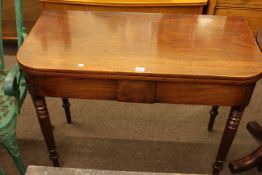 Victorian mahogany fold top tea table on ring turned legs, 75cm by 96cm by 48cm (closed).