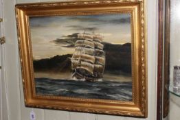 Peter Gerald Butler oil of masted sailing ship in gilt frame.