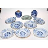 Eight Meissen blue and white cabinet plates and four oval dishes each with pierced borders,