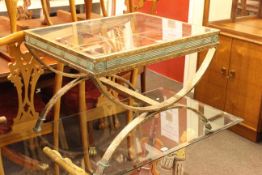 Contemporary metal X-framed and glass topped coffee table, 53cm by 71cm by 61cm.