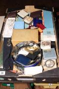 Box of costume jewellery, wrist and pocket watches, etc.