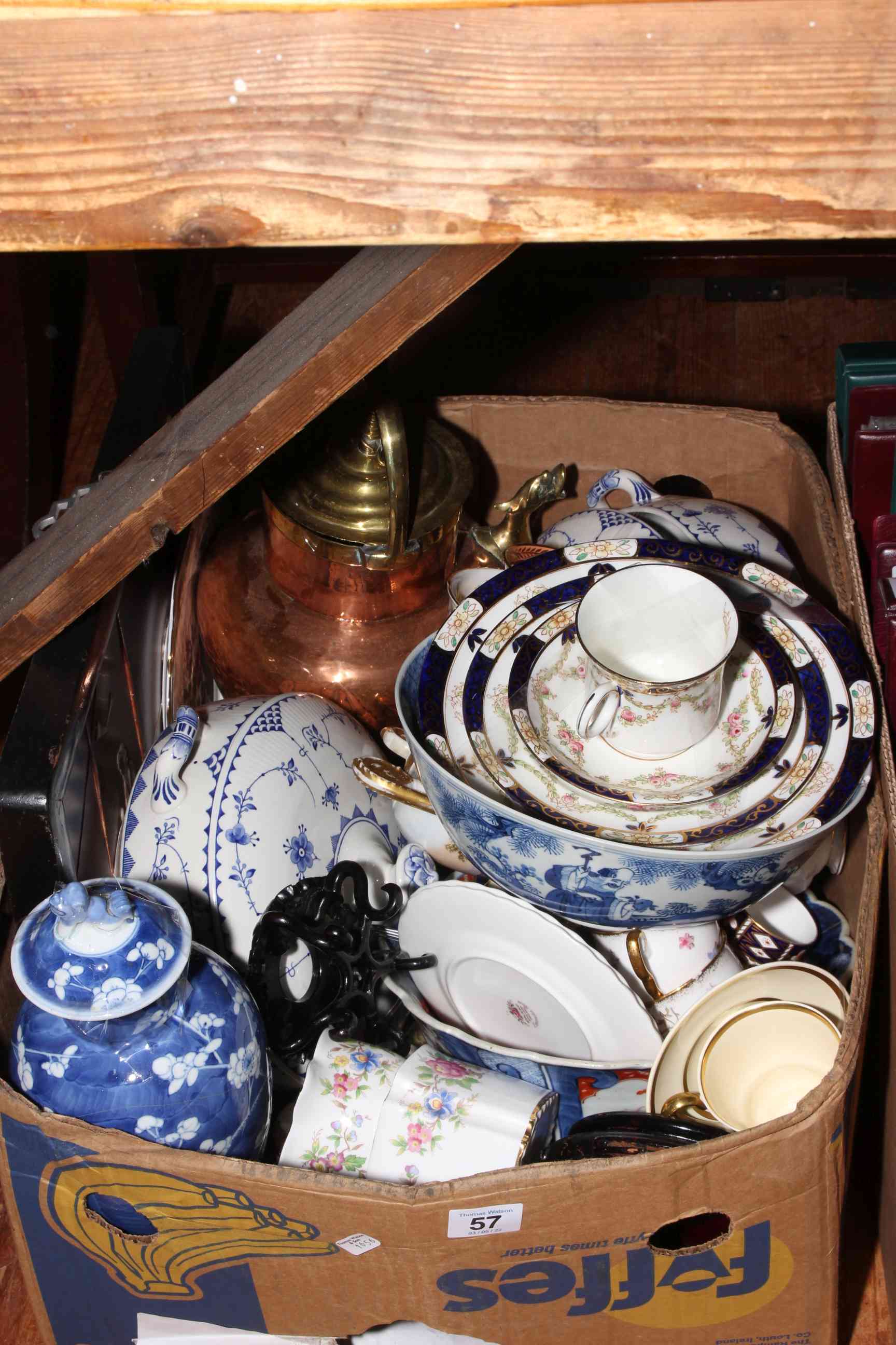 Blue and white Oriental lidded vase, decorative teawares, copper and brass teapot, etc.