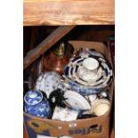 Blue and white Oriental lidded vase, decorative teawares, copper and brass teapot, etc.