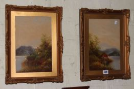 Pair gilt framed oils on board depicting lake scenes and inlaid marquetry panel (3).