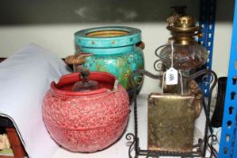 Burmantofts Faience jardiniere, blue Majolica style jardiniere, glass oil lamp, candlestick, gong,