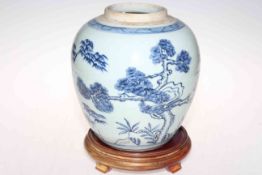 Antique Chinese blue and white ovoid ginger jar Three friends of winter on wood stand,