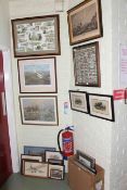 Collection of various framed pictures and prints including Wills cigarette cards,