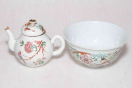 Miniature Chinese teapot decorated with bird and floral design (restored) and Chinese floral