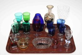 Large Edwardian glass goblet, quantity of coloured wine glasses, Victorian glass vase, etc.