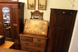 Victorian walnut mirror door wardrobe and dressing table and an oak linen fold hall wardrobe (3).