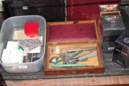 Various coins, pens including fountain, silver pocket knife,