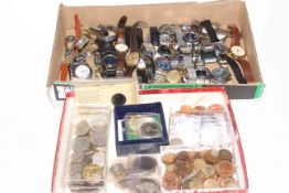 Box of coins and tokens, and collection of wristwatches.