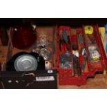 Tool box and tools, various glass and costume jewellery.