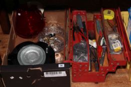 Tool box and tools, various glass and costume jewellery.