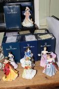 Six Royal Doulton lady figurines, including Jessica, Belle, Rebecca, Jane, Rachel and Lauren.