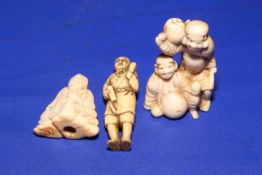 Two good 19th Century Japanese ivory netsuke and small okimono (3).