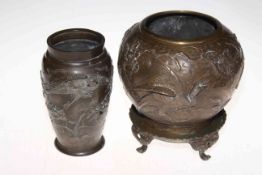 Japanese Meiji Period bronze vase with seal mark to base and similar bronze bowl raised on four