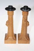 Robert Thompson of Kilburn 'Mouseman' pair of oak candlesticks.