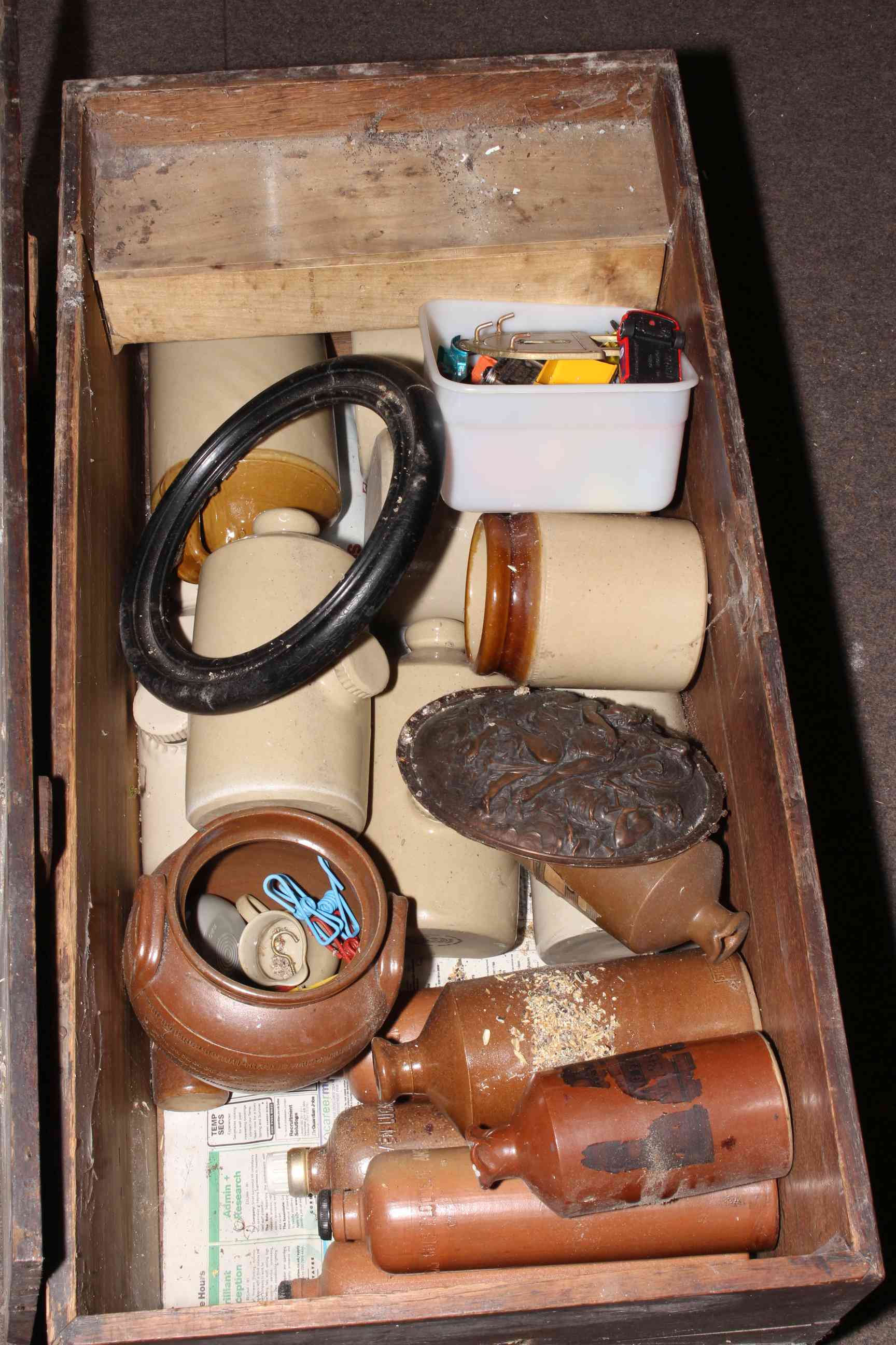 Box containing stoneware, Diecast toys, etc.