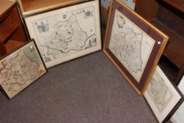 Four framed map prints (Saxton Dvnelmensis handcoloured 1607?,