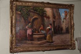 Trevor Haddon RBA, Continental scene of three ladies at water fountain, oil on canvas,