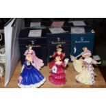 Six Royal Doulton lady figurines including Amy, Patricia, Deborah, Lily, Jennifer and Mary.