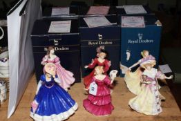 Six Royal Doulton lady figurines including Amy, Patricia, Deborah, Lily, Jennifer and Mary.