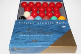 Boxed set of Aramith snooker balls.