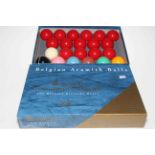 Boxed set of Aramith snooker balls.