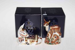 Two Royal Crown Derby paperweights, Fawn and Donkey, with boxes.