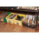 Clockwork model railway train, rolling stock, track, etc, record player, fuel can and model boat.