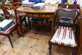 Inlaid mahogany three drawer bow front side table and four Victorian dining chairs (3x1).