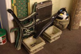 Two pairs of cast garden bench ends and lattice bench back, MacAllister petrol leaf blower,