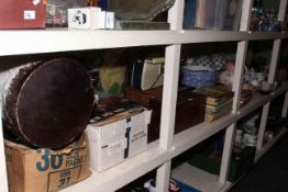 Collection of vinyls, Bush radio, wooden boxes, lamps, Oriental wares, fur drum, screen, etc.