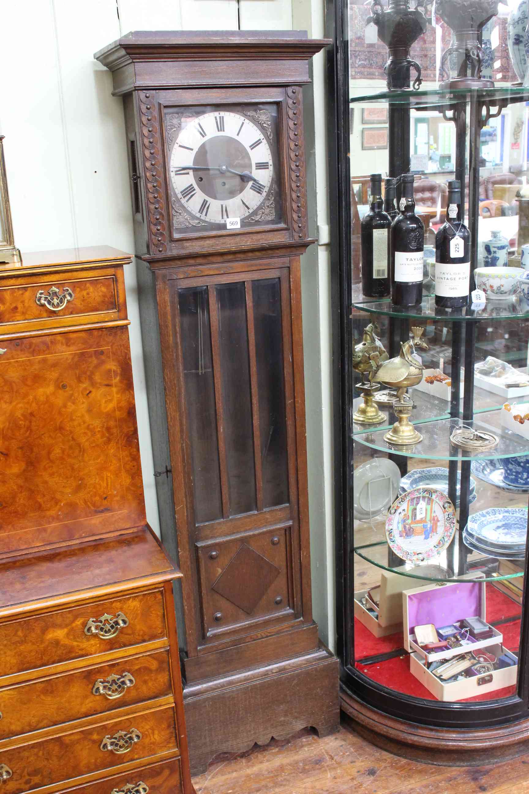 1920's oak longcase clock, 179.5cm.