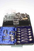 Assorted silver spoons and two napkin rings, various glasses,