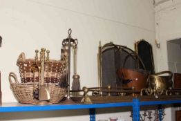 Two extending brass fenders, two coal scuttles, firescreens, wicker baskets, etc.