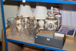Box of cutlery, decanters, table lamps, Oriental wares, prints, etc.