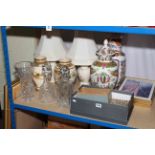 Box of cutlery, decanters, table lamps, Oriental wares, prints, etc.